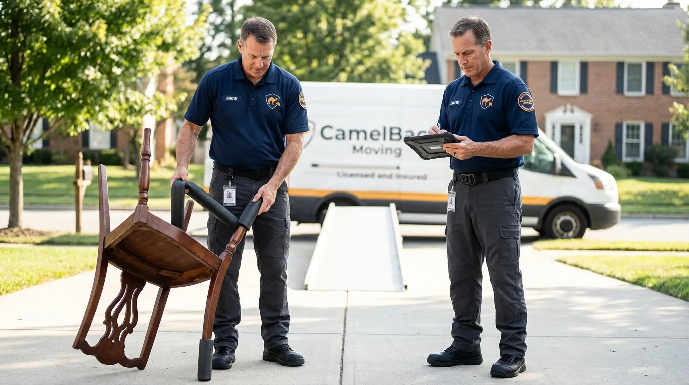 Movers inspecting furniture for damage prevention before loading in Pottstown, PA