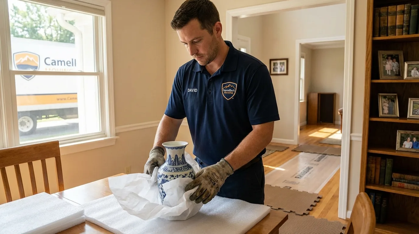 Professional crew carefully wrapping antique vase for senior downsizing move in Pottstown, PA